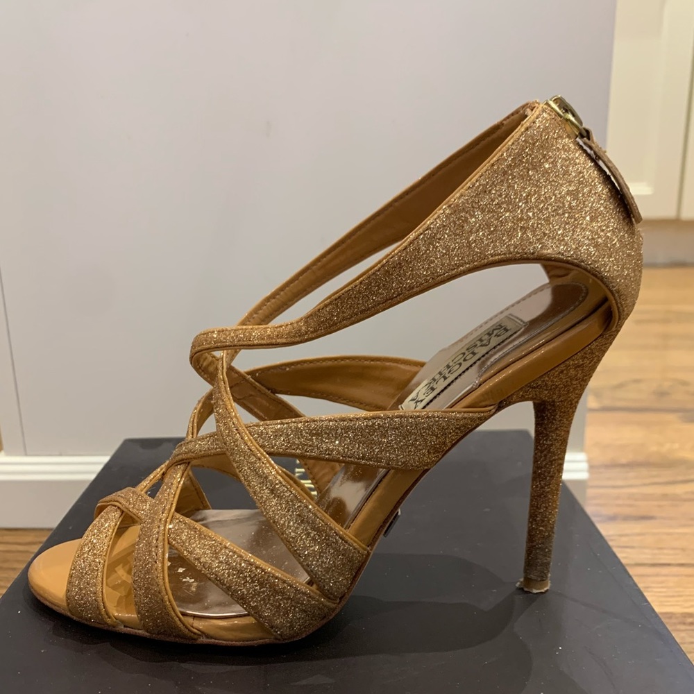 Badgley Misckha rose gold sparkle strap heels
